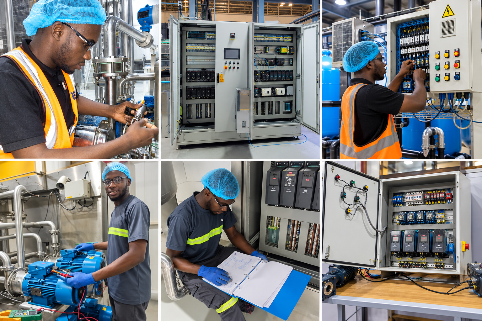 Collage of real electrical, control panel, motor and instrumentation work